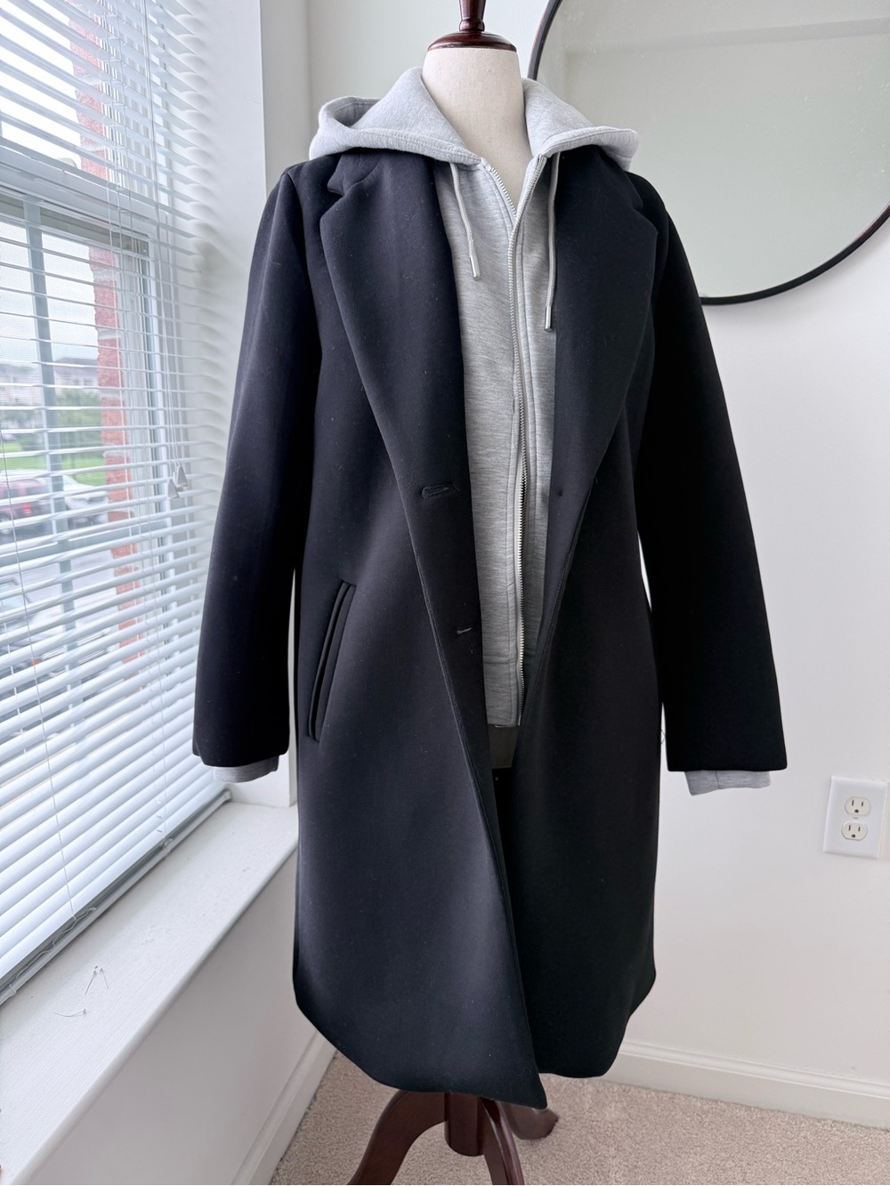 Zara Black Overcoat with Light Gray Hoodie Layered Look
